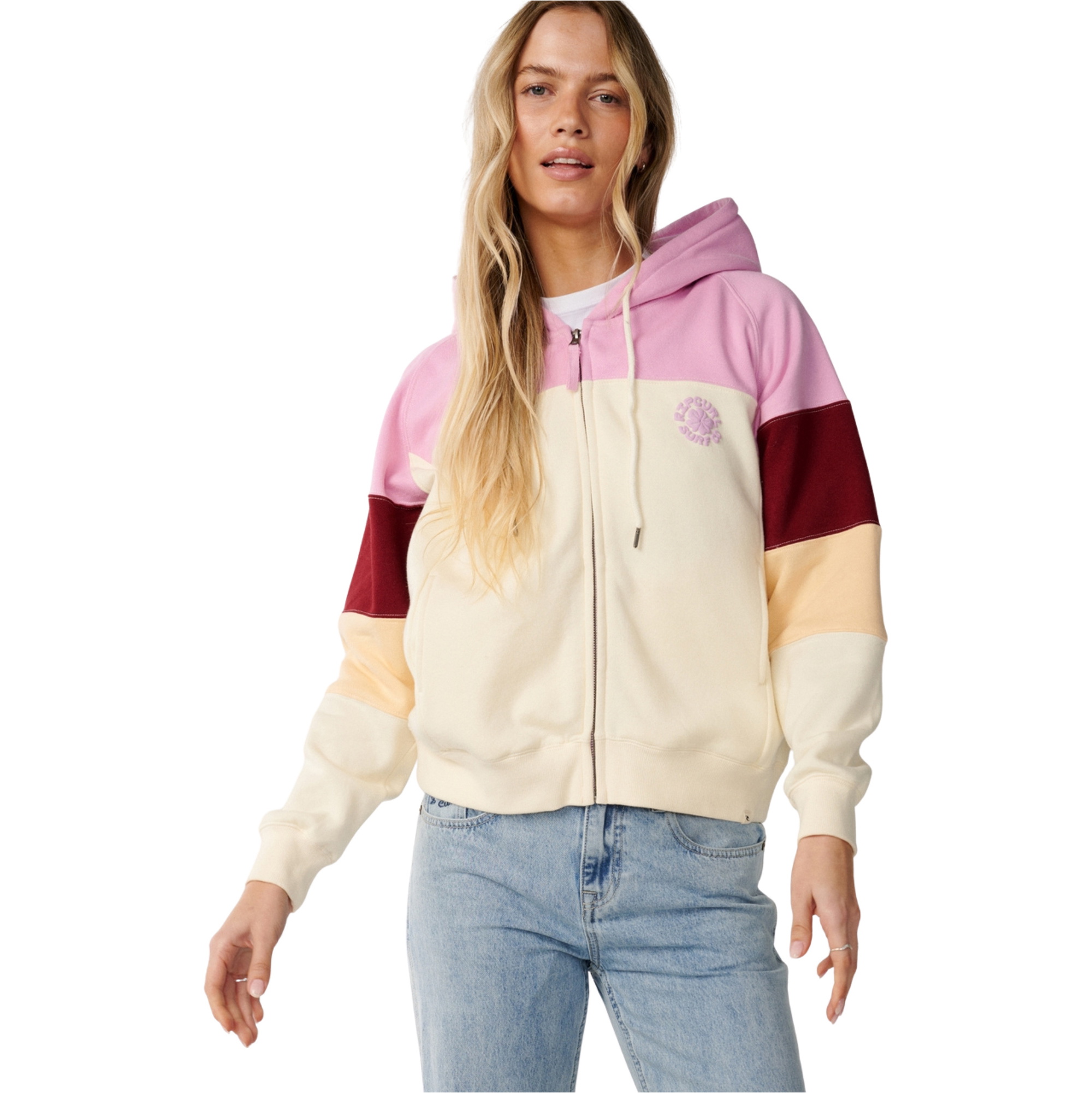 2026 Rip Curl Dame Festbølge Farve Blok Zip Gennem Fleece 0DHWFL - Off White